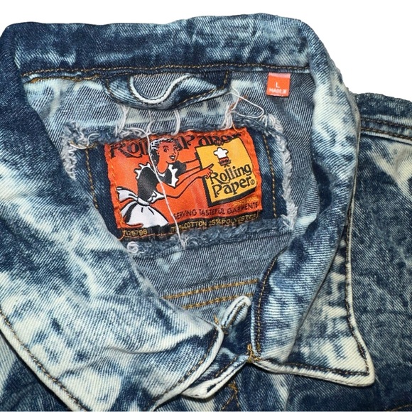 Rolling Paper Acid Wash Distressed Denim Jean Jacket Blend Unisex size Large✨ - Picture 8 of 16